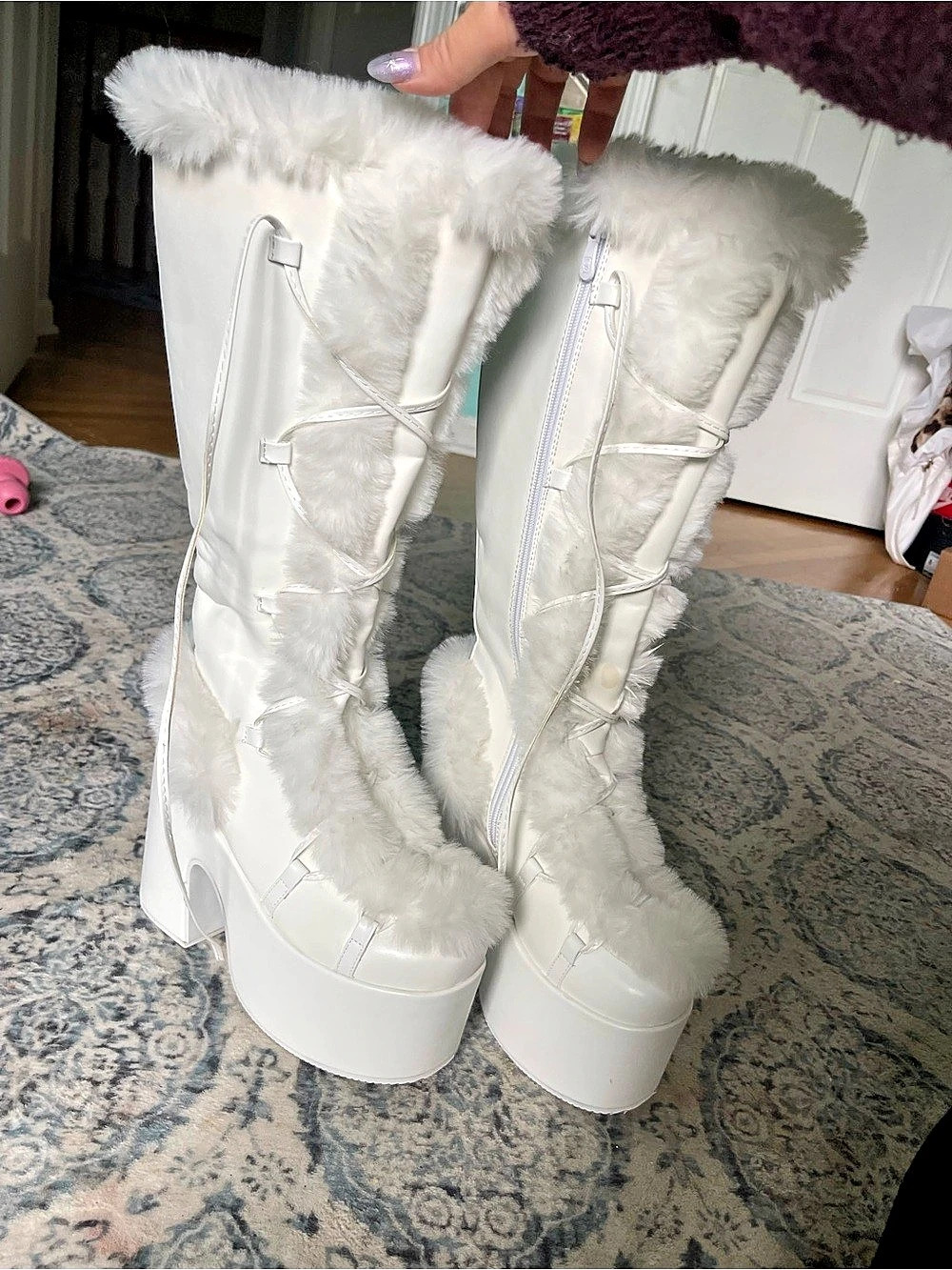 Demonia Camel-311 White Platform Lace-Up Boots